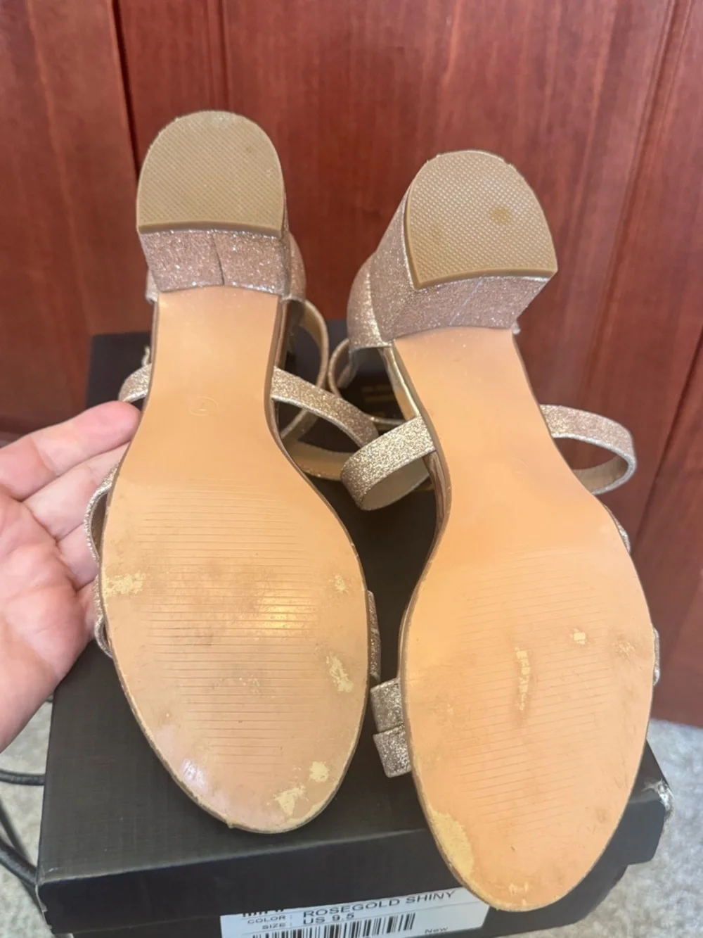 IDIFU Rose Gold Glitter Strappy Block Heel Sandals